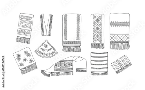 Artisan Textiles. Minimalistic one-line drawing handwoven or embroidered fabric pieces displayed, continuous single black line on white background, simple