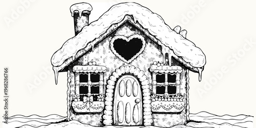 A hand-drawn vector illustration of a skull symbol placed on a cottage roof and a wooden fence within a village landscape.