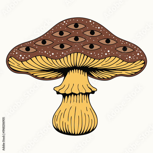 A poisonous red amanita toadstool with a white spotted cap grows in forest grass, featuring a cartoon vector illustration of the fungus isolated on a plain background.