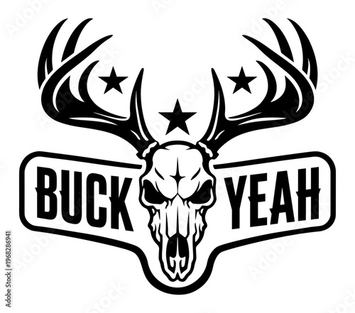 Rustic Deer Buck Skull With Large Antlers And Stars, Hunting Season Emblem Featuring Bold Text For Outdoor Enthusiasts And Woodsman Style