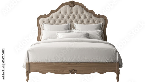 Картината върху платно Elegant wooden queen size bed with ornate carved headboard and footboard luxurio