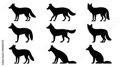 Silhouettes of wolves and dogs in various stances and poses Vector