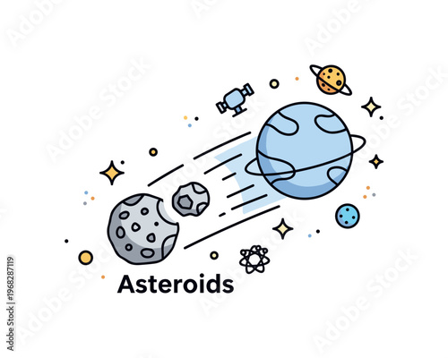 Asteroids asteroid impact warning concept where a digital display tracks a potential collision while small sparkle and star icons emphasize