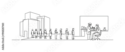 Vaccination Clinic. Minimalistic one-line drawing people lined up for vaccines, continuous single black line on white background, simple outline style, no