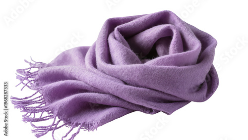 Soft lavender cashmere scarf artfully draped in a loose flowing arrangement, isolated on transparent background for fashion and textile design