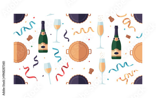 sparkle glass patterns seamless pattern, repeating pattern, surface design, textile print, modern illustration of champagne glasses, bottles, corks, ribbons,