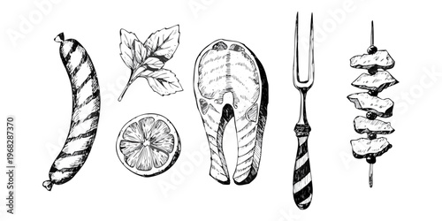 Hand drawn vector illustration set featuring a fish and various vegetables designed in a sketch art style for seafood nature symbols or tattoo designs.