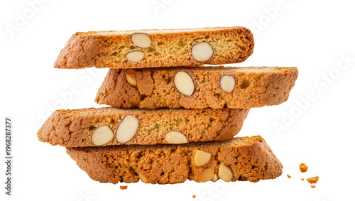 Fotografie Stacked almond biscotti cookies with a rough textured surface and visible almond
