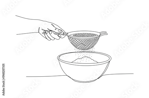 Baking Step Flour. Minimalistic one-line drawing hand using fine mesh strainer to sift flour into bowl, continuous single black line on white background,
