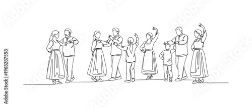 Traditional Dance Lesson. Minimalistic one-line drawing seniors guiding younger participants through folk dance moves, continuous single black line on white