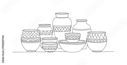 Pottery Collection. Minimalistic one-line drawing assortment of decorative bowls and pots, continuous single black line on white background, simple outline