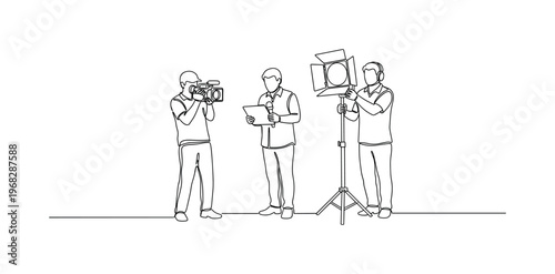Documentary Crew. Minimalistic one-line drawing cameraman and director with microphone and lighting, continuous single black line on white background, simple