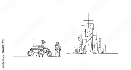 Extraterrestrial Exploration. Minimalistic one-line drawing rover and astronaut investigating mysterious alien structures, continuous single black line on