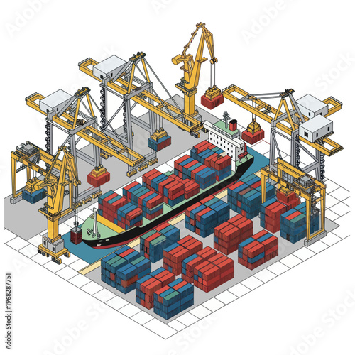 Container Shipping Yard with Cranes and Cargo Ship.