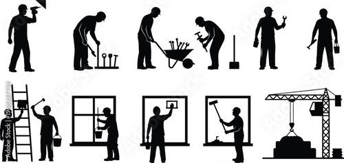 construction worker silhouettes, handyman tools, repair service concept, industrial labor, maintenance tasks, building work, renovation activity, professional workers illustration