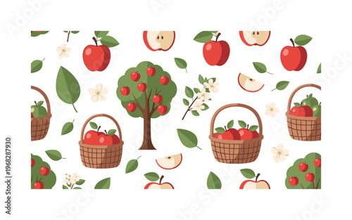apple harvest patterns seamless pattern, repeating pattern, surface design, textile print, modern illustration of apples, trees, blossoms, sliced apples,