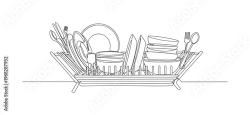 Dish Rack Drying. Minimalistic one-line drawing washed dishes on drying rack, continuous single black line on white background, simple outline style, no