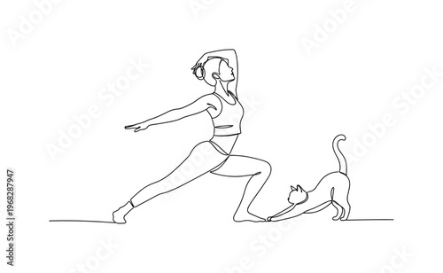 Yoga Flow with Pets. Minimalistic one-line drawing person transitioning between yoga poses with cat nearby, continuous single black line on white background,