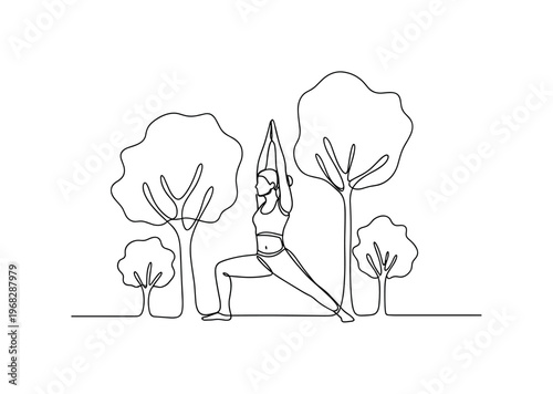 Tranquility Yoga. Minimalistic one-line drawing person in meditation or warrior pose surrounded by trees, continuous single black line on white background,