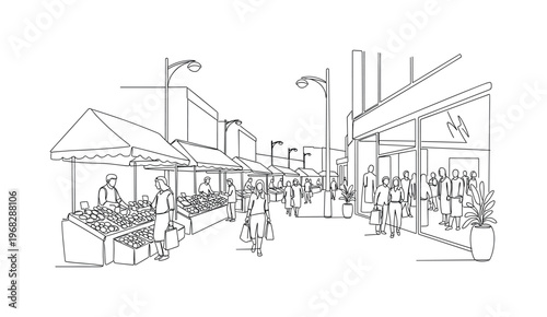 Urban Market Scene. Minimalistic one-line drawing shoppers browsing stalls and entering modern shops, continuous single black line on white background, simple