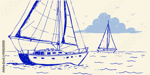 A luxury sailing yacht glides through ocean waves under a sunset sky during a summer regatta cruise vacation.