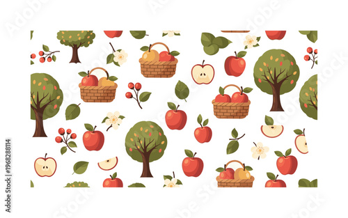 orchard harvest icons seamless pattern, repeating pattern, surface design, textile print, modern illustration of apples, baskets, apple slices, leaves,