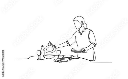 Cleaning Up After Dinner. Minimalistic one-line drawing person clearing dishes from table, continuous single black line on white background, simple outline