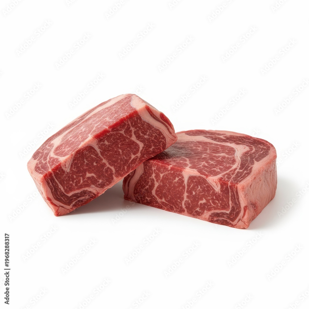 Obraz premium Two pieces of raw beef with visible marbling and rich red color