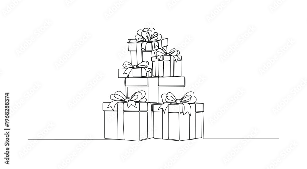 Naklejka premium Birthday Presents. Minimalistic one-line drawing stack of gift boxes with decorative bows, continuous single black line on white background, simple outline