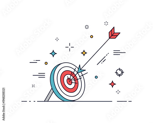 Catalyst business growth concept where an arrow hits a target and triggers progress while small sparkle and line icons emphasize acceleration, impact, and