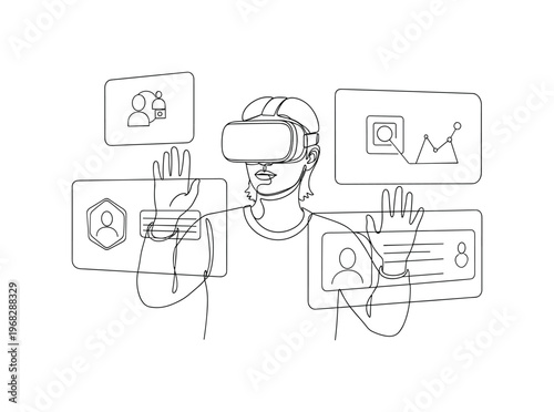 Interactive VR. Minimalistic one-line drawing person with VR headset interacting with floating panels and icons, continuous single black line on