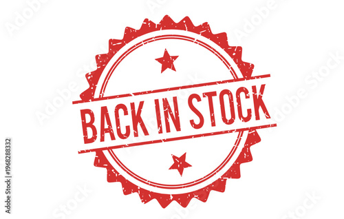 Vibrant red 'back in stock' stamp with star accents signifying product availability