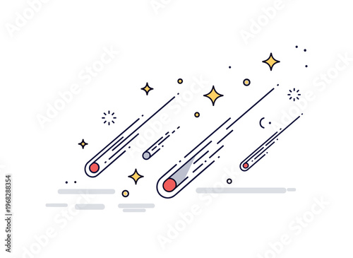 Infinite space meteor shower scene where shooting stars streak across the void while small sparkle and star icons emphasize cosmic beauty, motion, and endless