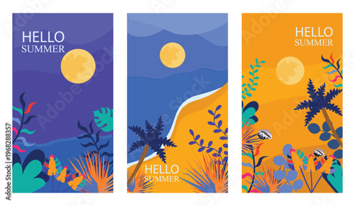 Print Hello Summer Tropical Beach Landscape Set with Colorful Flat Design Backgrounds mobile wallpaper
