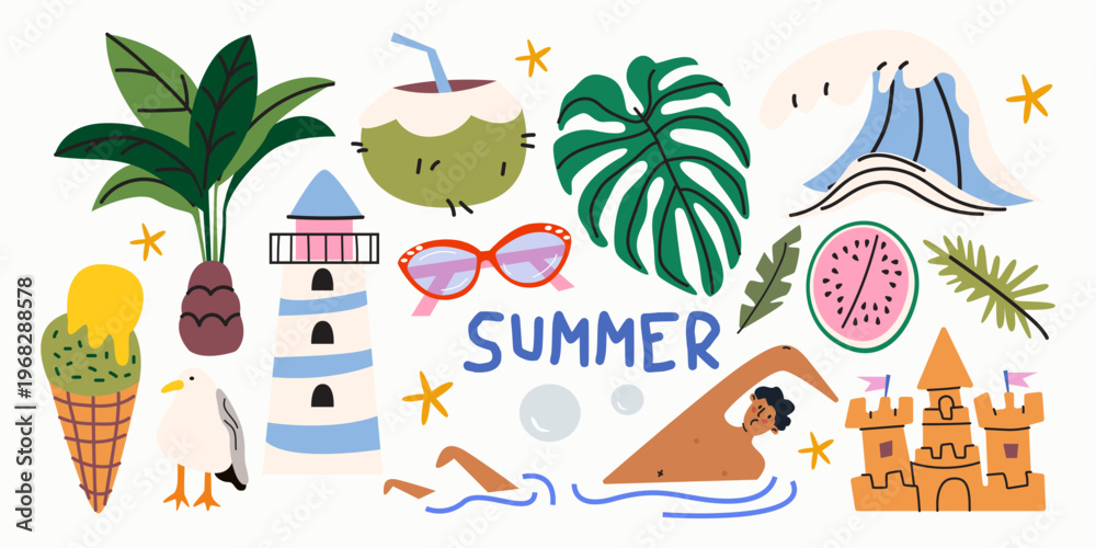 Fototapeta premium A vibrant set of summer themed illustrations with ice cream, palm, coconut, cocktails, tropical leaves, a sandcastle, watermelon, seagull for travel and seasonal designs