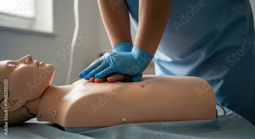 Hands in blue gloves perform chest compressions on a CPR training dummy