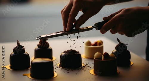 Hands grate chocolate shavings onto small, decorated cakes, close-up