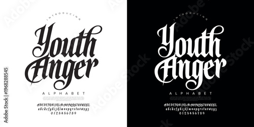 Youth Anger gothic blackletter font with decorative vintage alphabet for tattoo apparel and metal music branding