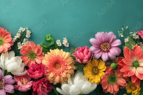 Vibrant flowers arranged beautifully against a turquoise background showcasing a variety of colors. Generative Ai