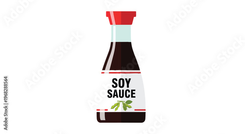Simple flat illustration of a soy sauce bottle with red cap and label featuring green leaves and bold text