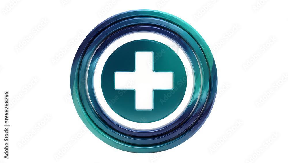 Fototapeta premium Shiny teal medical plus sign icon encircled by layered turquoise and blue rings, isolated on transparent background for healthcare branding