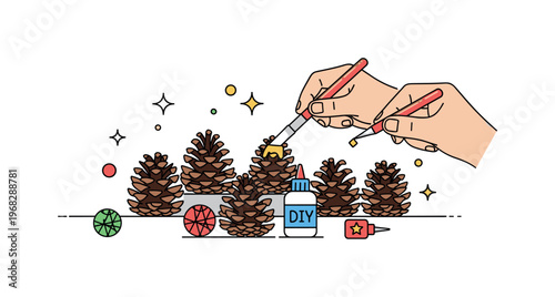 Pinecone decorative craft table scene where multiple pinecones are arranged for painting or glueing while tiny sparkle and star icons highlight DIY activity,