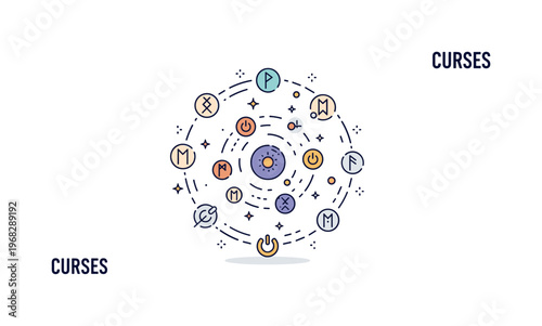 Curses magical energy swirl concept where floating mystical runes orbit a central object while tiny sparkle and line icons highlight enchantment, focus, and