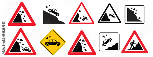 Falling Rocks Debris Landslide Warning Sign, warning icon vector illustrating rockfall and landslide hazards with a triangular safety symbol, crafted for environmental alerts, construction zones