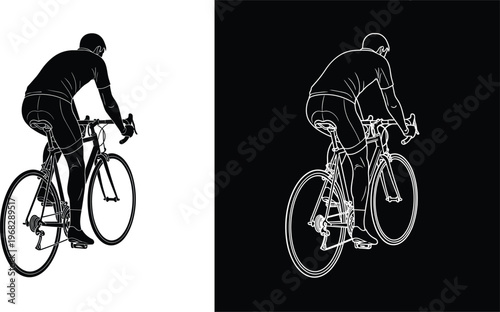 Cyclist duality illustration set, sports fitness artwork design, motion vector motif, bold graphic icon, black white symmetry symbol