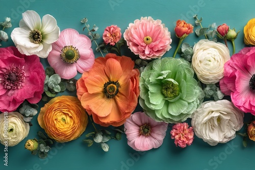 Vibrant flowers arranged beautifully against a turquoise background showcasing a variety of colors. Generative Ai