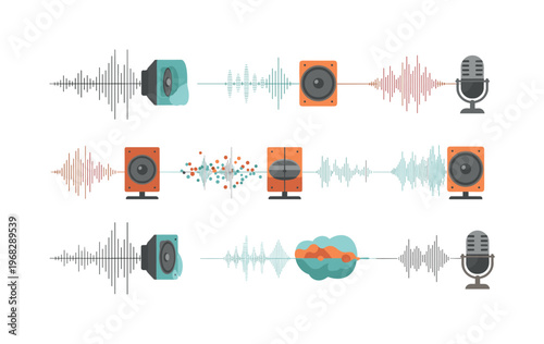 how sound waves are created seamless pattern, repeating pattern, surface design, textile print, modern illustration of vibrating strings, speaker cones, waves,