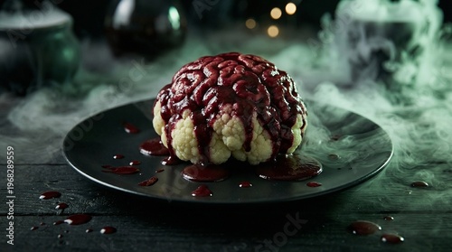 Cauliflower Brain With Beetroot Tomato Blood Sauce On Black Plate
