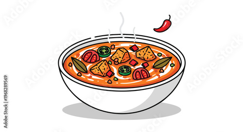 A vibrant illustration of a steaming bowl of delicious, spice-infused curry with fresh ingredients and a floating chili pepper adds a touch of heat
