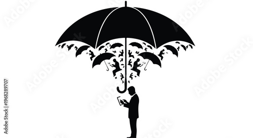 man under umbrella protected from birds flying away